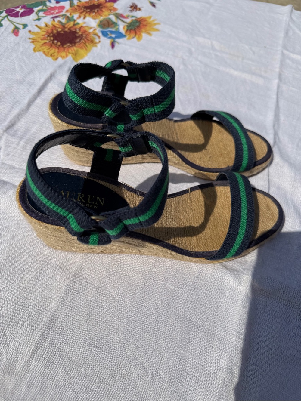 Lauren Ralph Lauren Navy and Green Striped Slingback Sandals - Picture 3 of 4